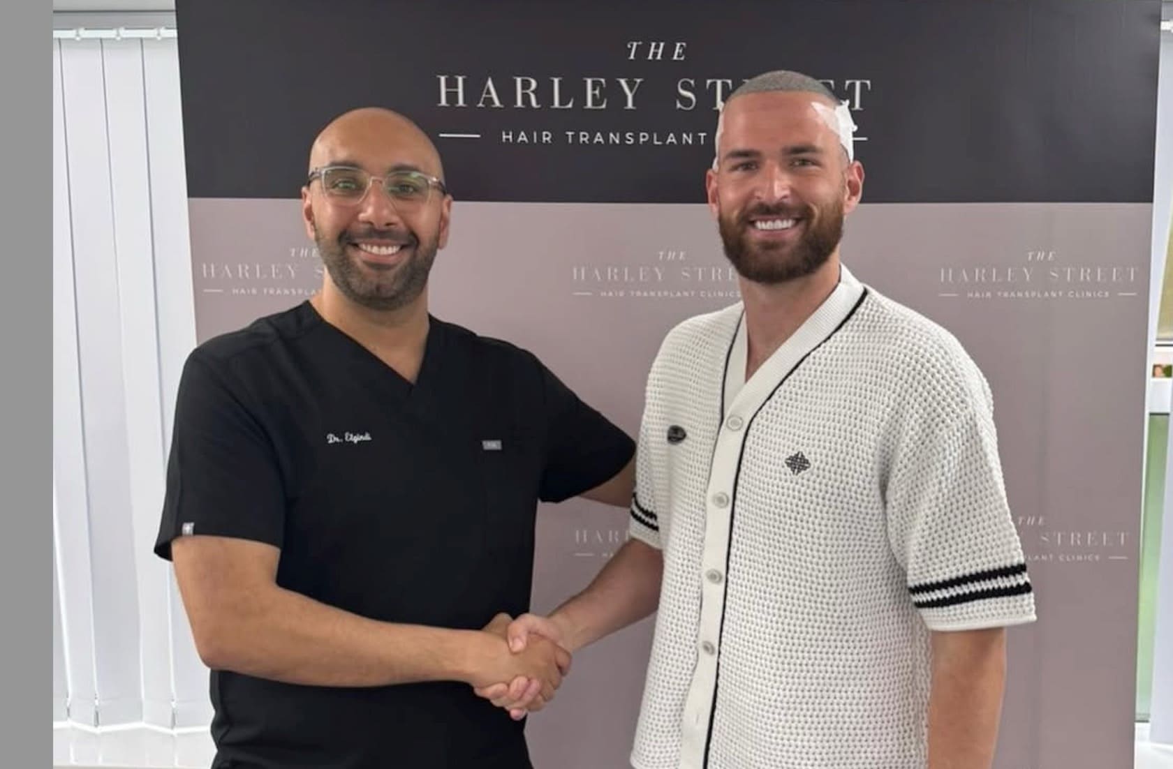 Dr Elgindi with a patient after his hair transplant at Harley Street Hair Transplant Clinics